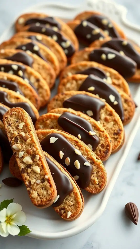 A plate of chocolate-dipped biscotti with almonds, beautifully arranged.