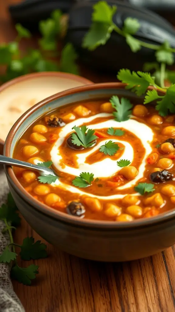 A bowl of Eggplant and Chickpea Soup topped with yogurt and cilantro.