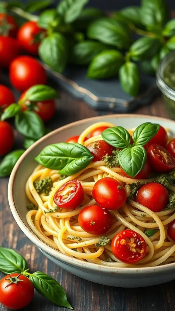 A bowl of spaghetti with cherry tomatoes and fresh basil, surrounded by more tomatoes and basil leaves.