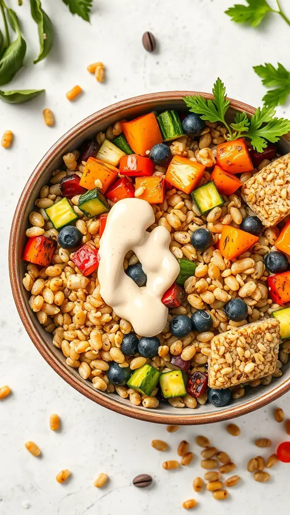 A Mediterranean grain bowl filled with roasted vegetables, grains, and a creamy dressing.