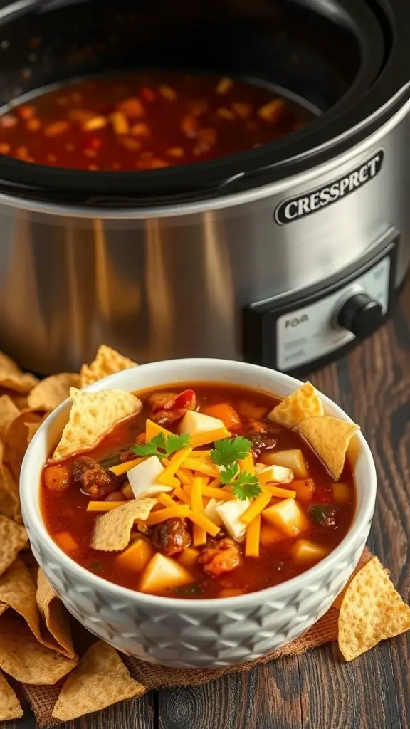 A bowl of taco soup topped with cheese and tortilla chips, with a crockpot in the background.