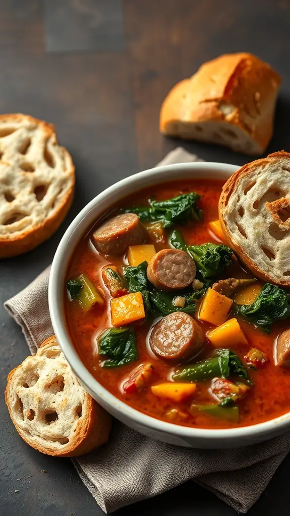 A bowl of spicy sausage and kale soup with slices of bread on the side.