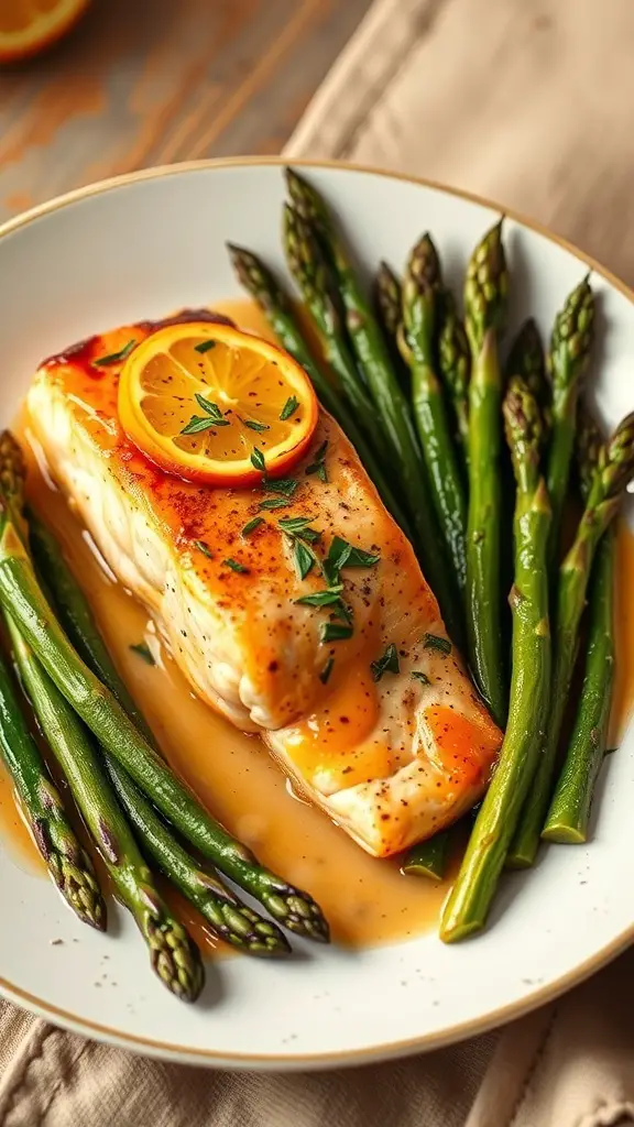 A plate of citrus glazed salmon with asparagus, garnished with lemon slices and herbs.