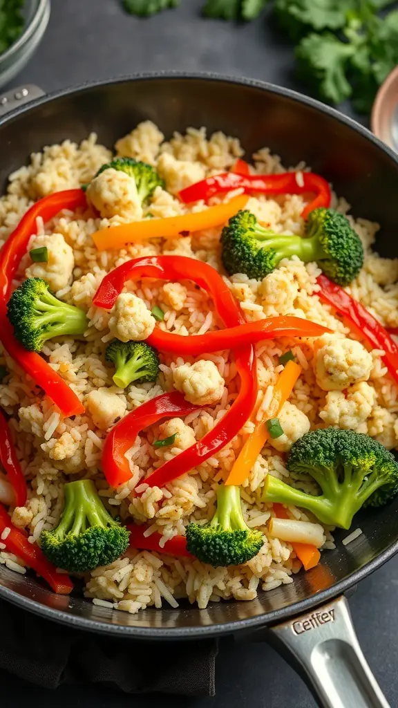 A colorful cauliflower rice stir-fry with broccoli and bell peppers in a skillet.