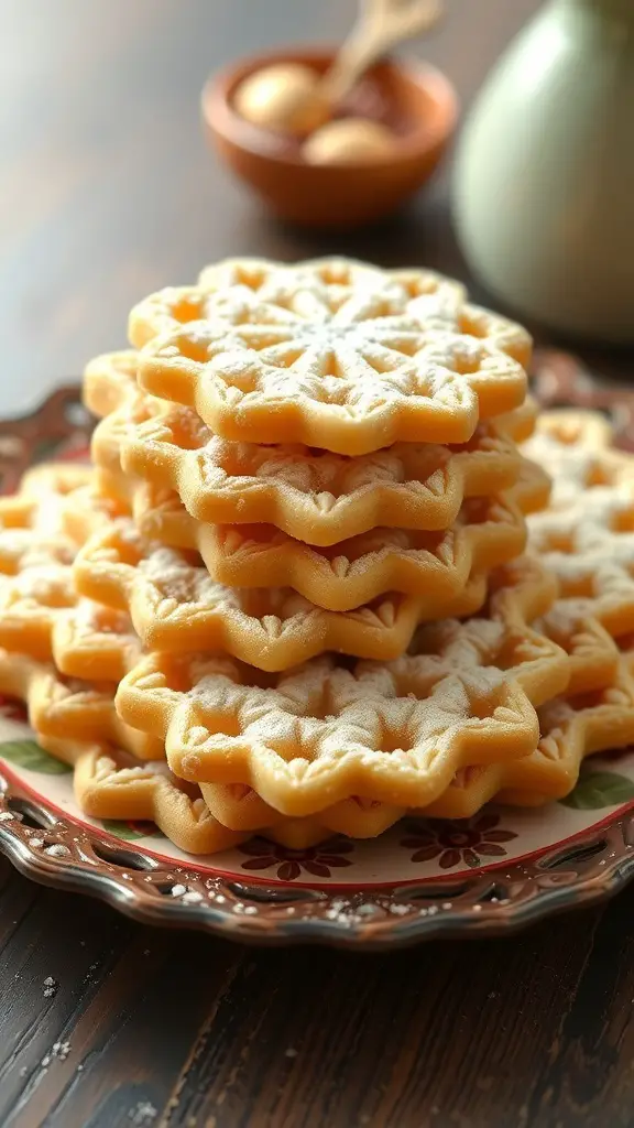 A stack of golden pizzelle, thin Italian waffles, dusted with powdered sugar on a decorative plate.