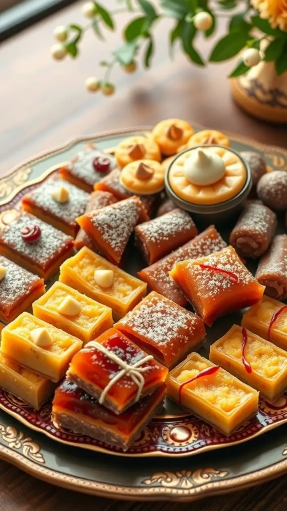A colorful dessert mezze platter featuring various sweet treats.