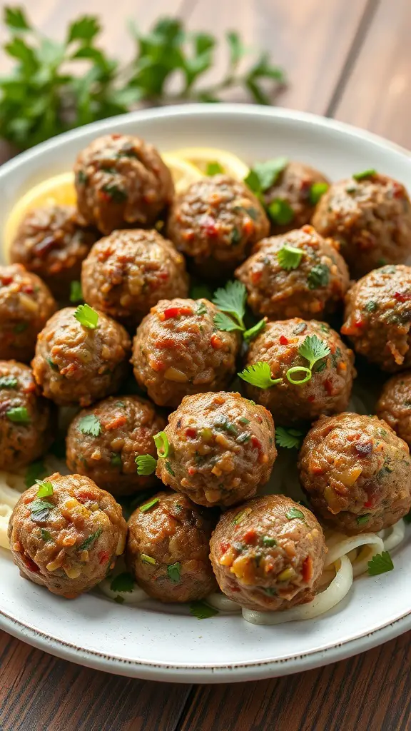 A plate of savory keto meatballs with zucchini, garnished with herbs.