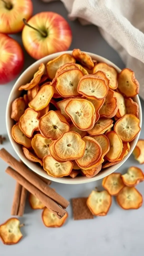 A bowl of crispy cinnamon apple chips with fresh apples and cinnamon sticks.
