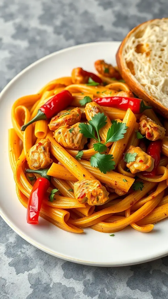 A plate of spicy Cajun chicken penne pasta with red chili peppers and cilantro, served with a slice of bread.
