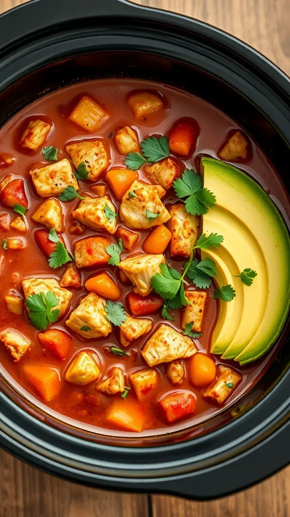 A bowl of Southwestern Chicken Chili with chicken, vegetables, and avocado slices