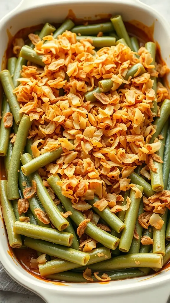 A delicious green bean casserole topped with crispy fried onions.