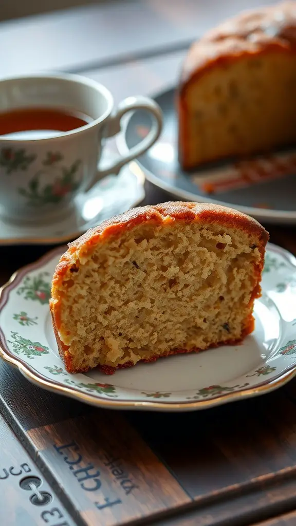 A slice of old-fashioned pound cake on a decorative plate with a cup of tea in the background.