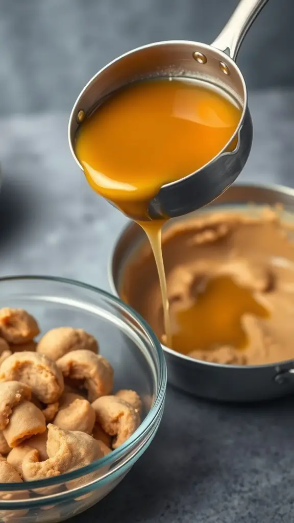A pot of golden brown butter being poured over cookie dough.