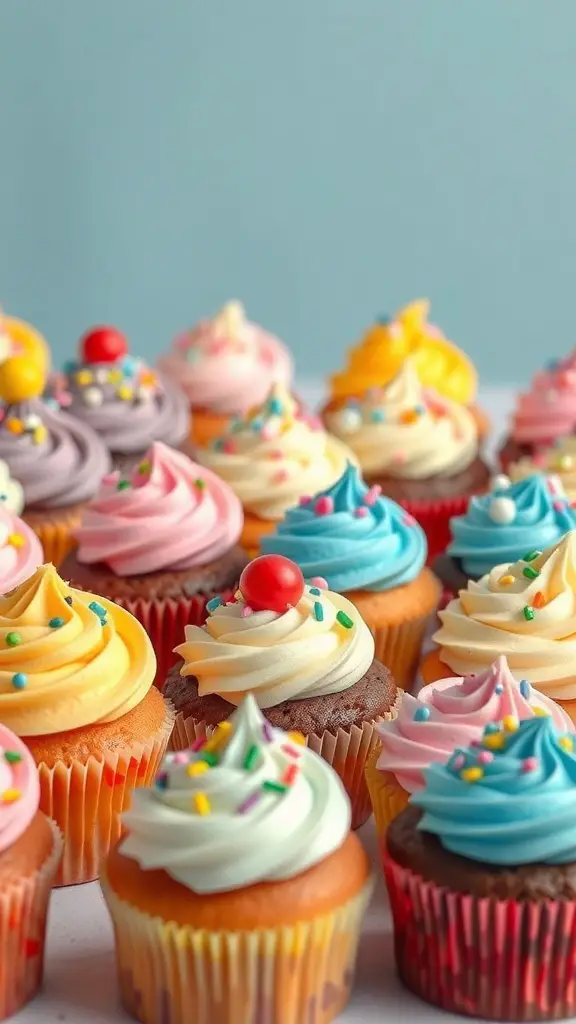 A colorful tower of cupcakes with various frosting colors and sprinkles.
