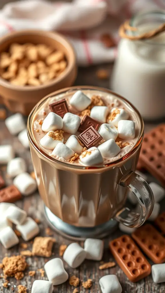 A cup of s'mores hot chocolate topped with marshmallows and chocolate pieces, surrounded by graham crackers.