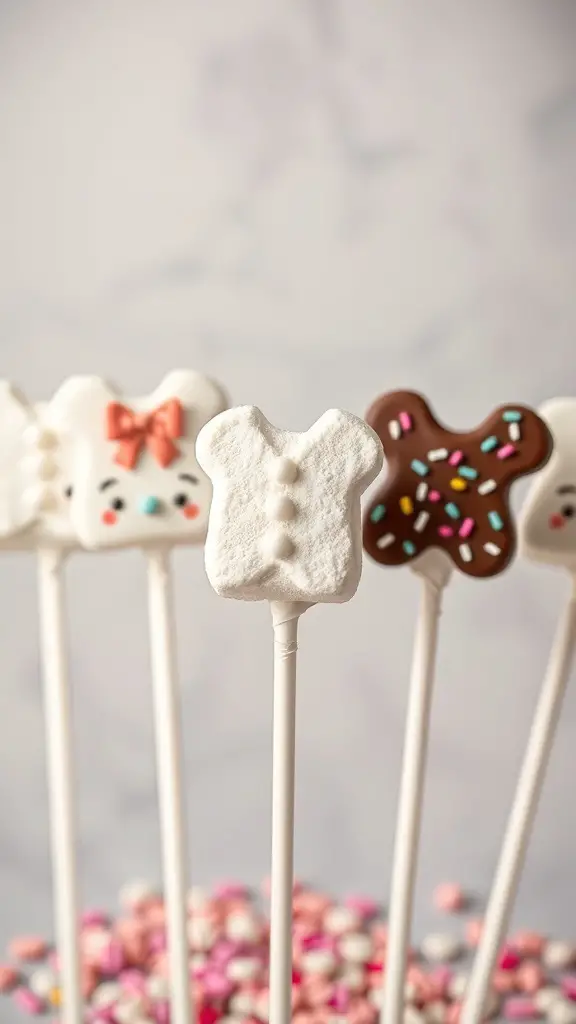 Baby-themed marshmallow pops shaped like onesies with colorful decorations