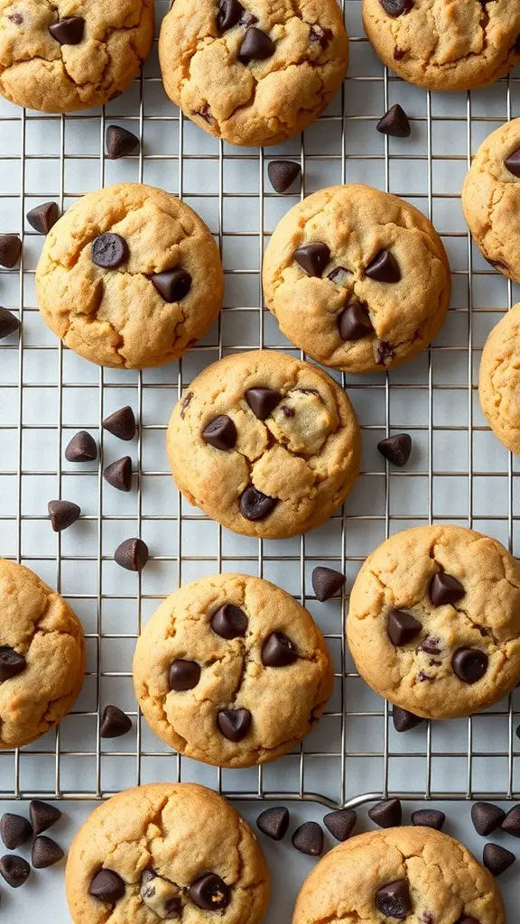 Freshly baked chocolate chip banana cookies on a cooling rack