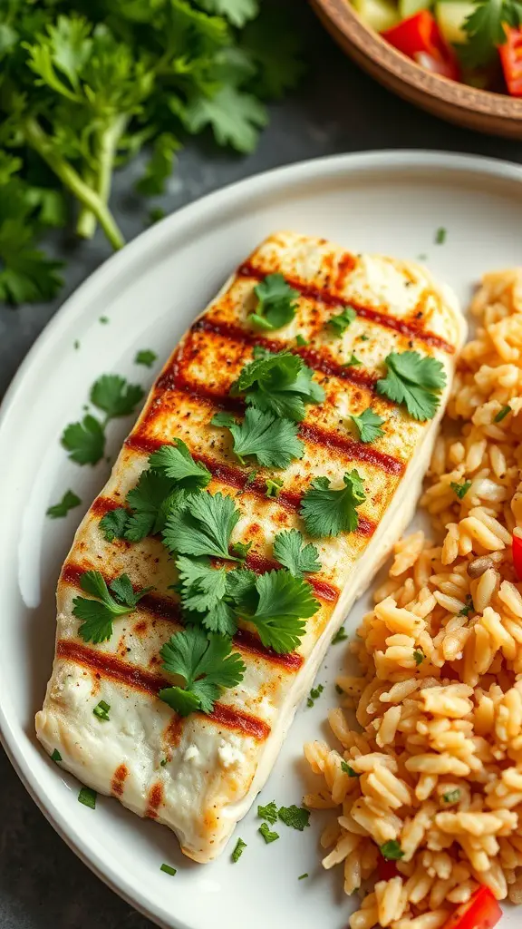 Grilled snapper fillet garnished with cilantro, served with rice
