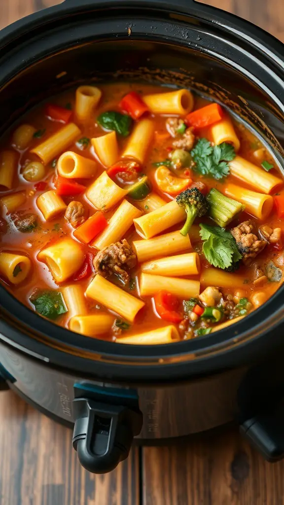 A close-up of classic minestrone soup in a crockpot, featuring pasta, vegetables, and a rich broth.