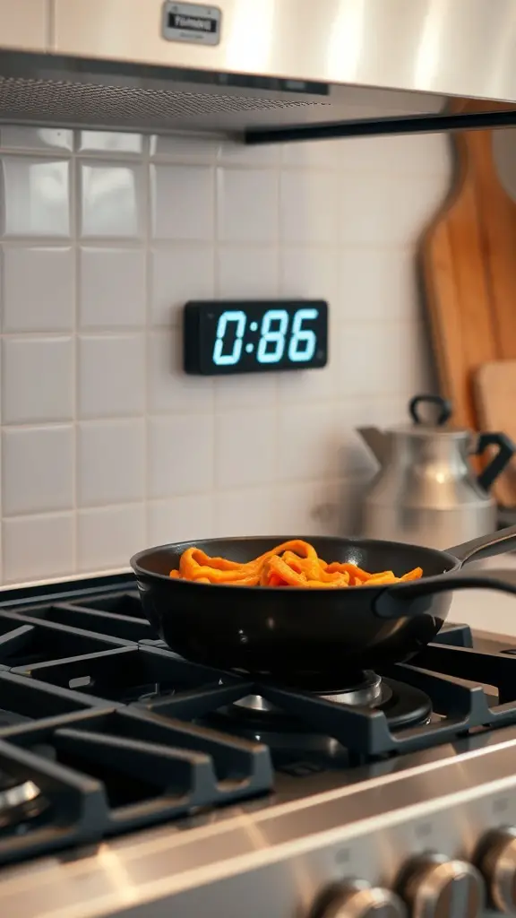 A pan with colorful ingredients cooking on a stove, with a timer showing 0:86.