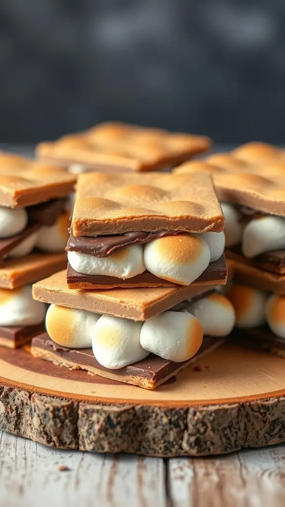 Stacked s'mores bars with graham cracker crust, chocolate, and marshmallows on a wooden board.