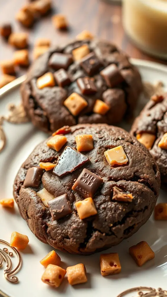 Close-up of chocolate toffee cookies with chocolate and toffee chunks on a decorative plate.