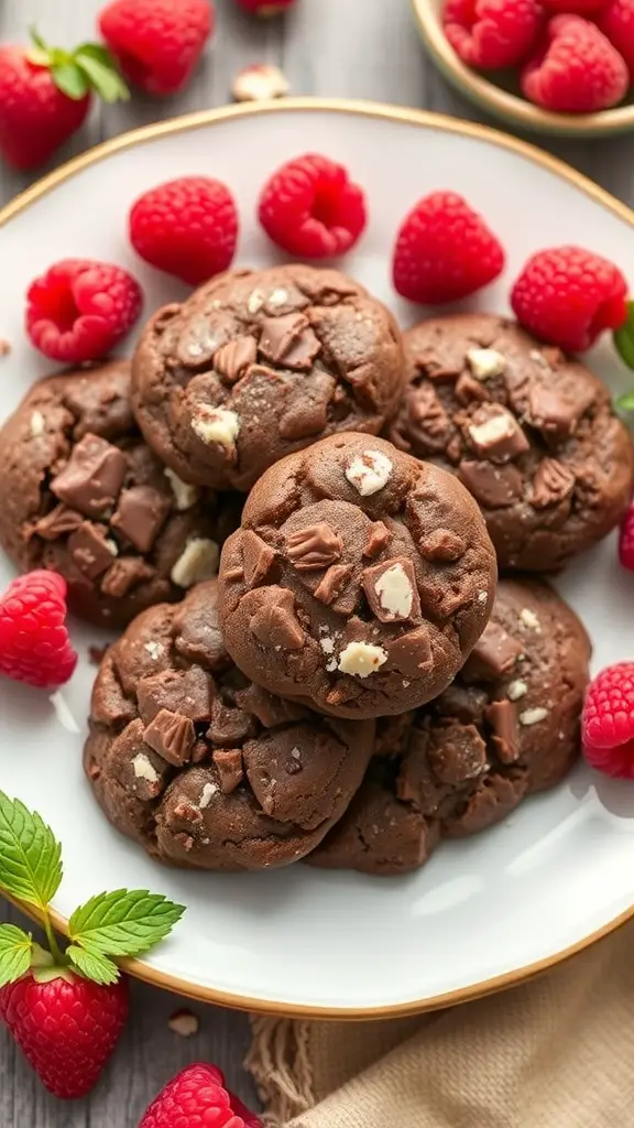 A plate of Raspberry Chocolate No-Bake Cookies surrounded by fresh raspberries