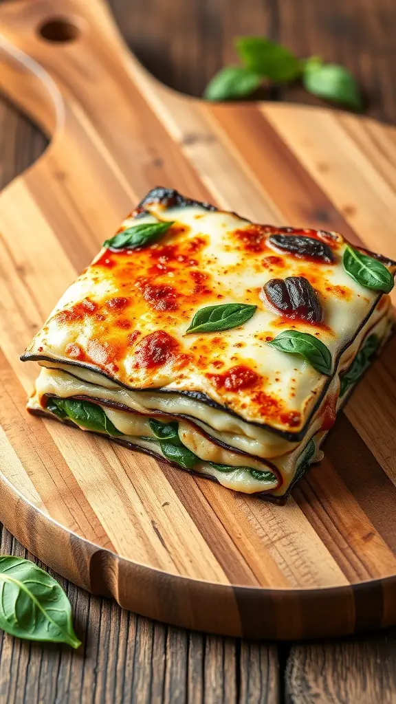 A delicious serving of eggplant lasagna with spinach on a wooden cutting board.