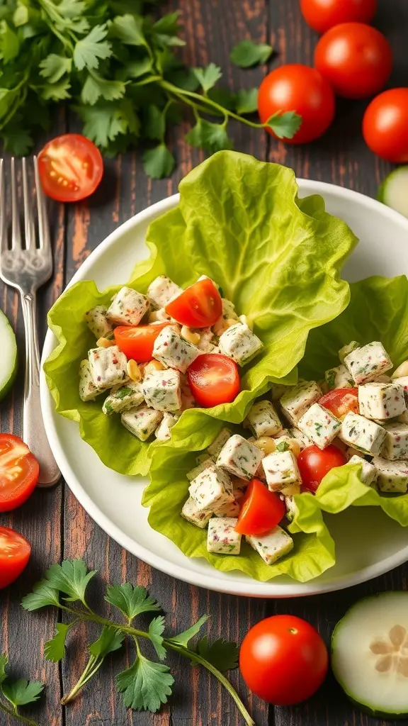 Tuna salad served in lettuce cups with cherry tomatoes and fresh herbs