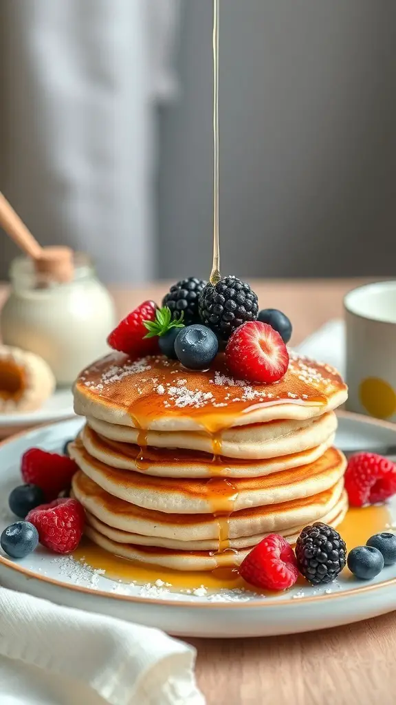 A stack of coconut flour pancakes topped with fresh berries and syrup