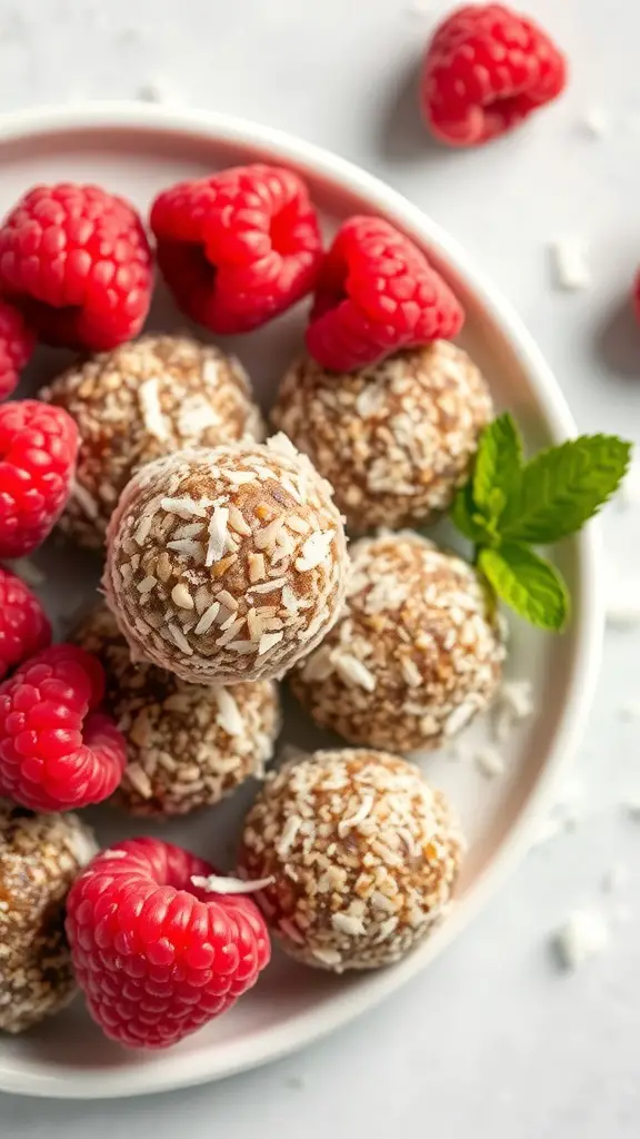 A plate of Raspberry Coconut Energy Balls surrounded by fresh raspberries and a mint leaf.