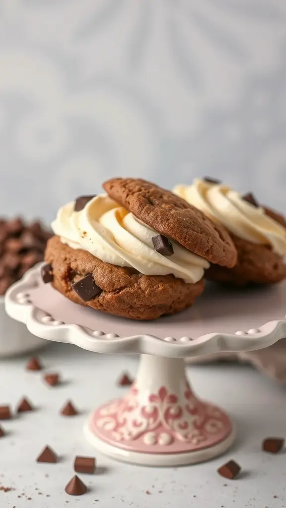 Chocolate chunk cookie sandwiches with creamy filling on a decorative cake stand.