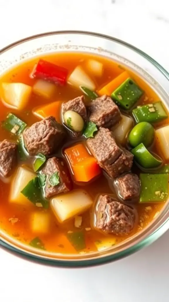 A bowl of beef and vegetable soup with colorful vegetables and chunks of beef.
