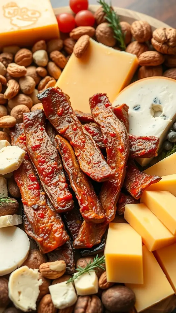 A platter featuring spicy biltong, various cheeses, nuts, and cherry tomatoes.