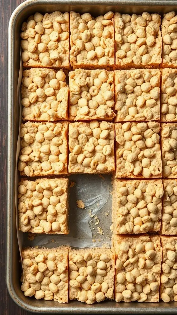 A tray of Peanut Butter Rice Krispie Treats cut into squares, showcasing their crunchy texture.