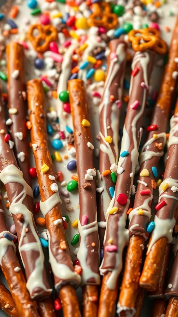 Chocolate dipped pretzels with colorful sprinkles