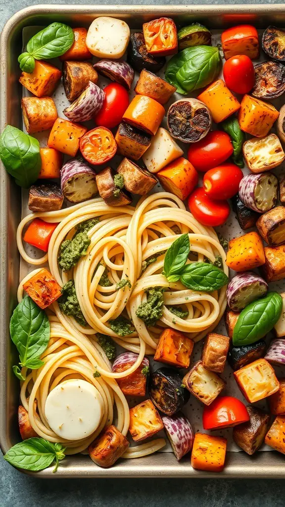 A sheet pan dinner featuring pesto pasta and roasted vegetables.