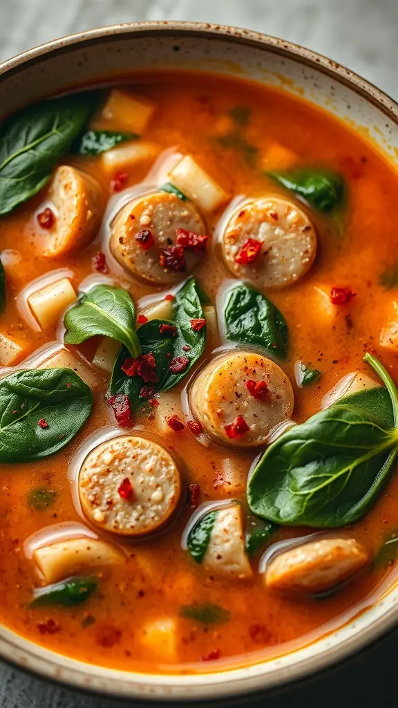 A bowl of Italian sausage and spinach soup with slices of sausage, fresh spinach, and a rich broth.