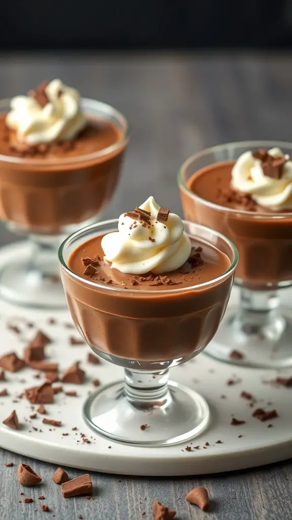 Chocolate mousse cups topped with whipped cream and chocolate shavings