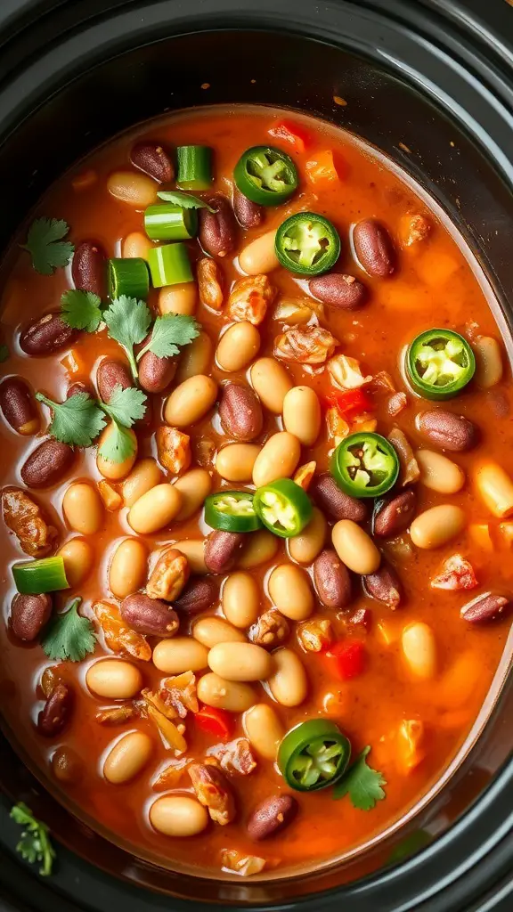 A close-up view of spicy cabbage and bean chili in a crockpot, featuring beans, jalapeños, and green onions.