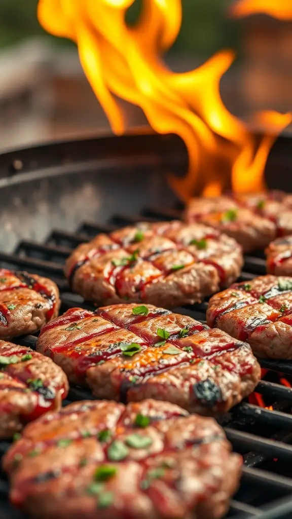 Grilled beef patties with herbs on a barbecue grill, flames in the background.