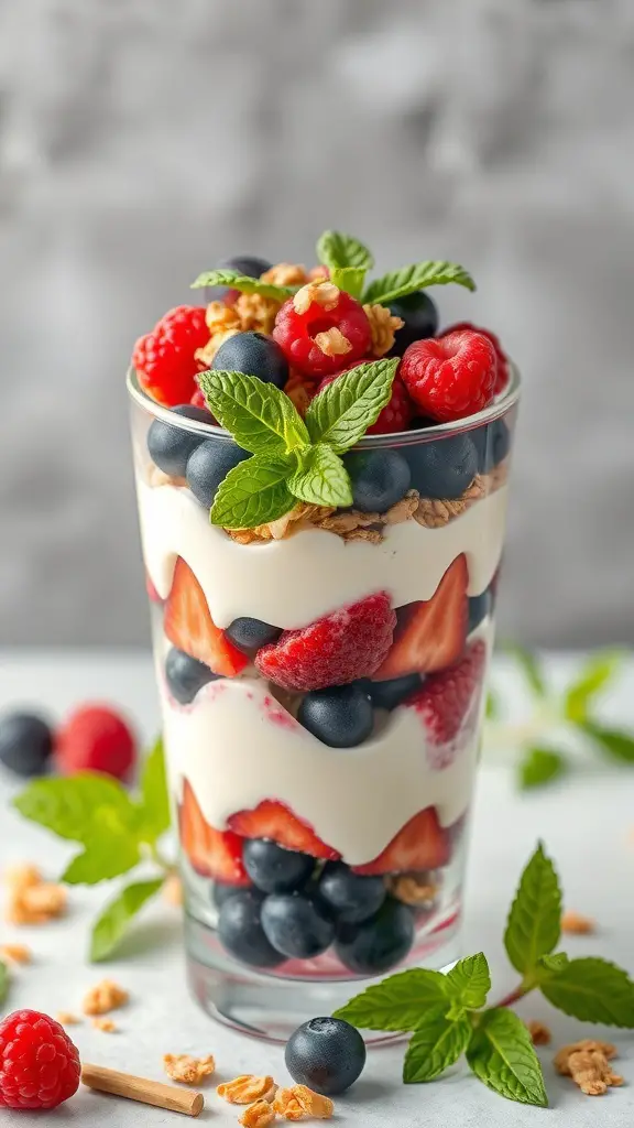 A delicious berry and yogurt parfait layered with strawberries, blueberries, raspberries, and topped with mint leaves.