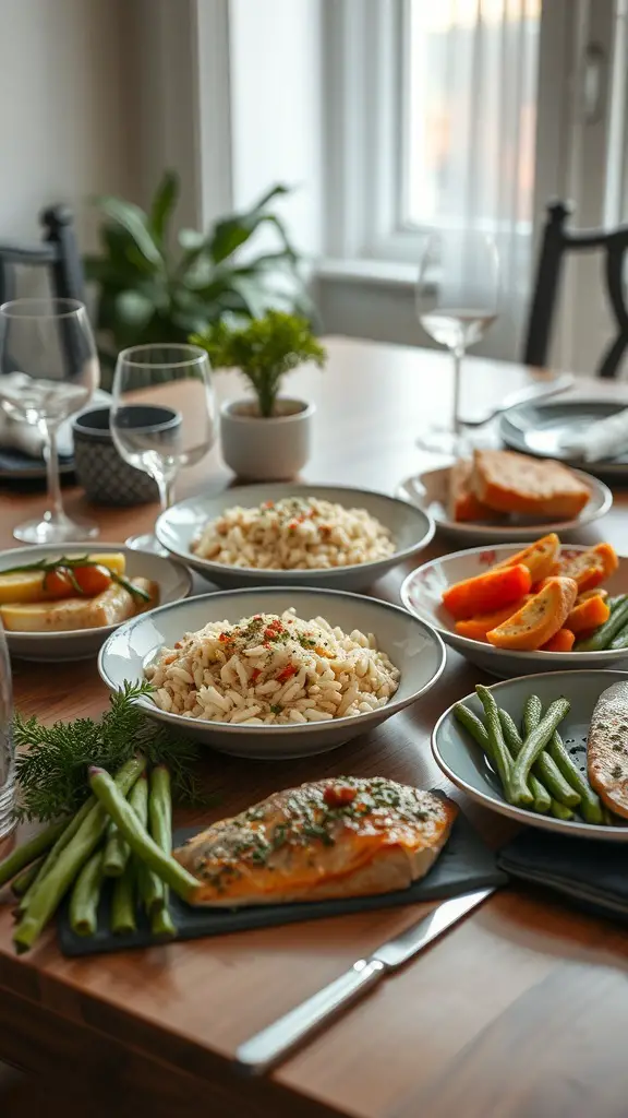 A beautifully arranged table featuring soft food options including salmon, risotto, green beans, and roasted squash.
