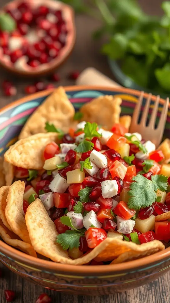 A colorful bowl of Fattoush salad with pomegranate seeds and crispy pita chips.