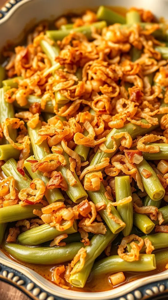 A close-up of Southern Style Green Bean Casserole topped with crispy fried onions.