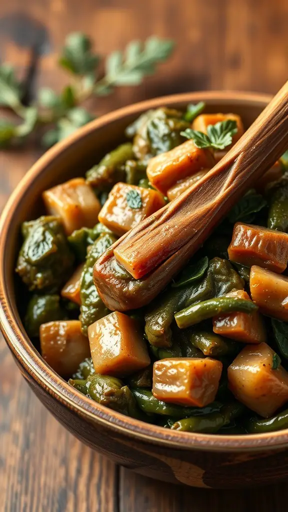 A bowl of Southern-style collard greens with chunks of savory ingredients and a wooden spoon.