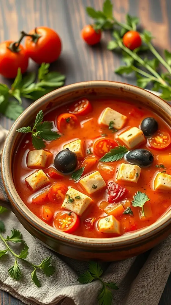 A bowl of Mediterranean tofu soup with tomatoes, olives, and fresh herbs.