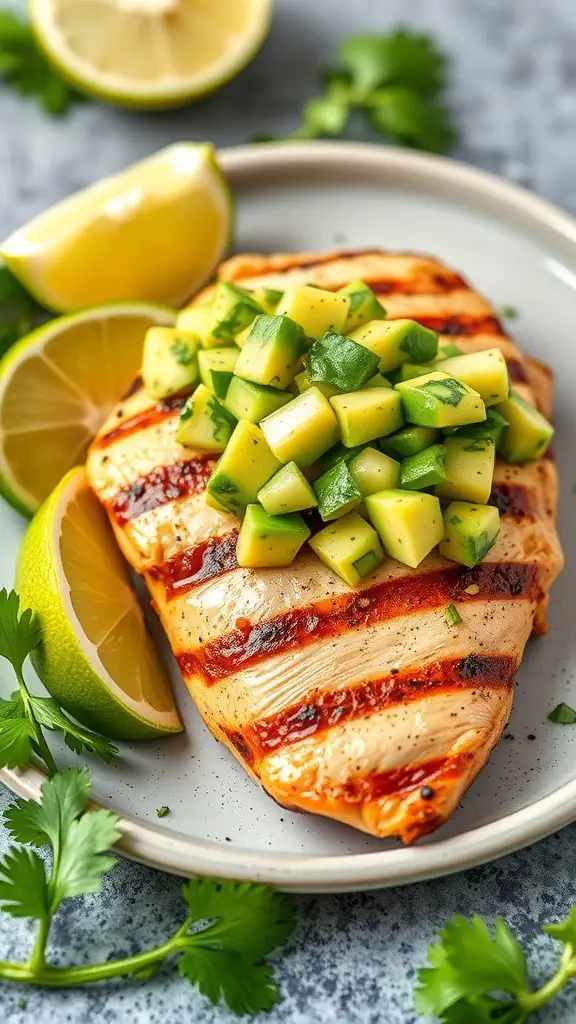 Grilled chicken breast topped with avocado salsa and lime wedges