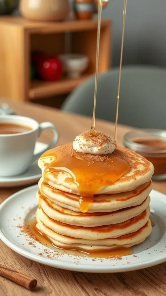 A stack of fluffy pancakes topped with syrup and cinnamon, served with a cup of coffee.