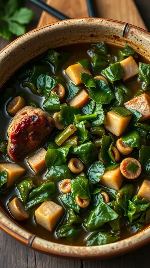 A bowl of collard greens cooked with ham hocks, featuring vibrant greens and tender meat in a savory broth.